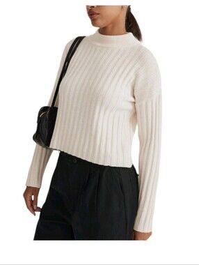 Madewell Antique Cream Ribbed Mock Neck Crop Pullover Wool Sweater Size XL